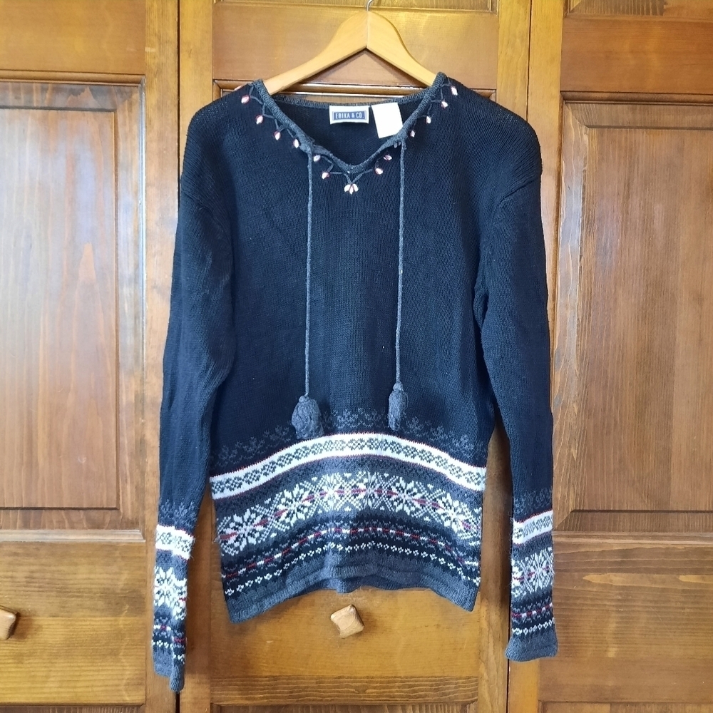 Vintage Y2K Erika & Co. black Nordic fair isle knit v-neck sweater size medium